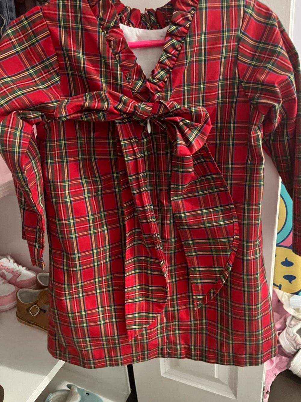 Girls Red Plaid Ruffle Neck Dress - Picture 3 of 4